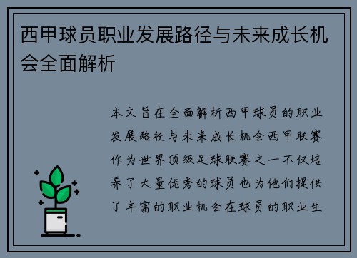 西甲球员职业发展路径与未来成长机会全面解析